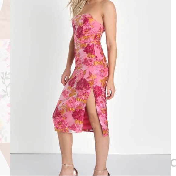 NWT Lulu’s Upgraded Event Pink Jacquard Strapless Bustier Midi Dress Size Medium - Picture 10 of 16